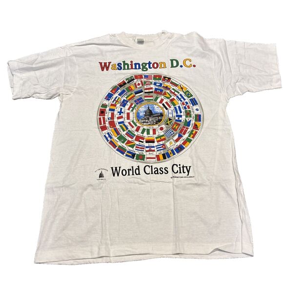 Vintage 1990s Washington DC T-Shirt World Class City Country Flags XL Statehood - Picture 1 of 11